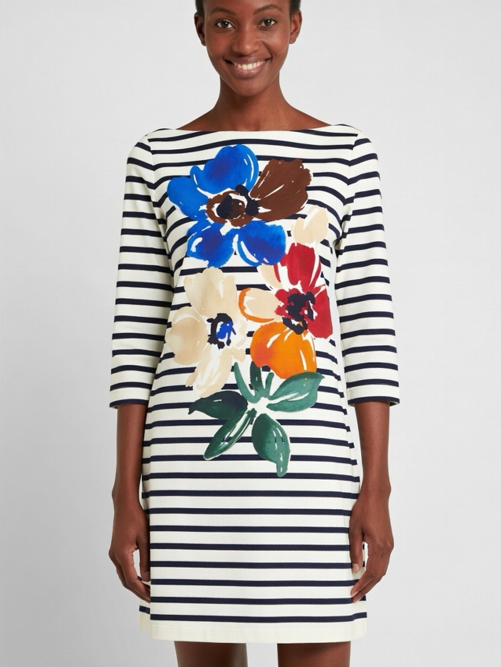 French Connection Navy and White Striped Floral Shift Dress size 12 cotton 100%